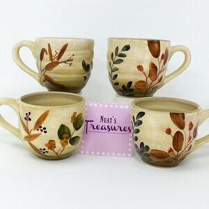 Home Trends SHADOWWOOD Tan Stoneware Leaves Flowers Large 18oz Cup Mugs Set of 4